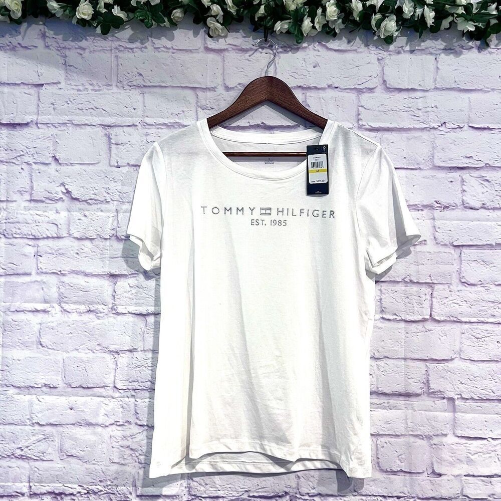 Tommy Hilfiger Size Medium Shirt White Casual Logo Cotton Short‎ Sleeve T-Shirt